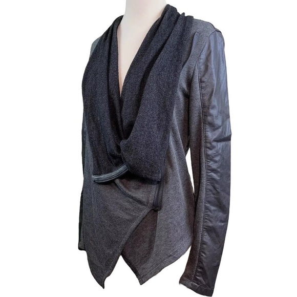 Blank NYC Faux Leather Moto Jacket Draped Cowl Asymmetric Zip Gray Size Small - Picture 2 of 7